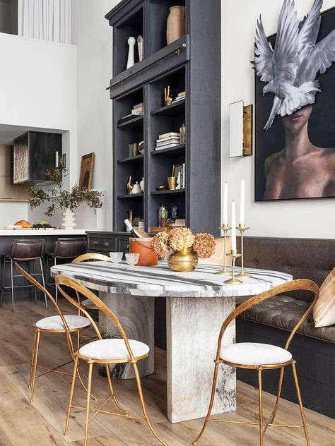 HGTV Star Alison Victoria Reveals Light-Filled Atlanta Loft: 'Never Loved a Place As Much' Alison Victoria, Hgtv Star, Gold Interior, Rustic White, Kitchen Bar Stools, Luxury Vinyl Plank, Custom Cabinetry, White Interior, Room Table