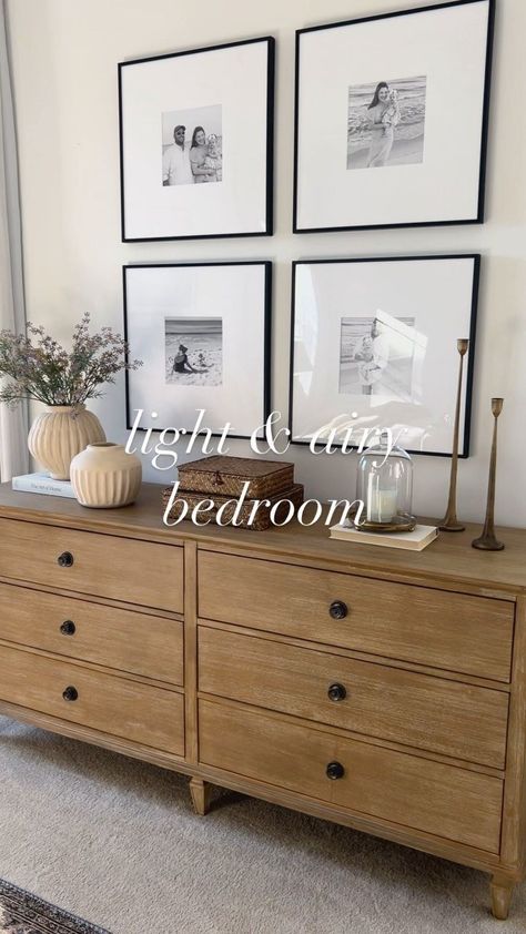 How To Style A Dresser Top Minimalist, Pictures Above Dresser Master Bedrooms, Bedroom One Nightstand Ideas, What To Put Above Dresser In Bedroom, Photo Gallery Above Dresser, Master Bedrooms Decor Cozy Neutral, Decorating A Modern Home, Modern Classic Guest Room, Dresser With Pictures Above