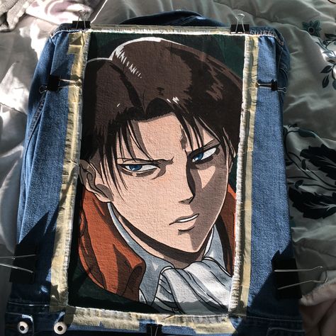 Captain Levi from Attack On Titan Painting By Aubrey Meiling ;)) Attack On Titan Painting, Denim Paint, Princess Closet, Levi Denim Jacket, Fabric Painting On Clothes, Denim Art, Captain Levi, 21 Savage, Attack On Titan Levi