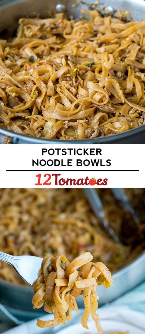 12 Tomatoes Potsticker Noodle Bowls, Potsticker Rice Bowl, Pot Sticker Bowl Recipe, Ground Turkey Rice Noodle Recipes, Pork Fried Noodles, Ground Turkey Rice Noodles, Pot Sticker Bowl, Potsticker Noodle Bowl 12 Tomatoes, Pot Sticker Noodles