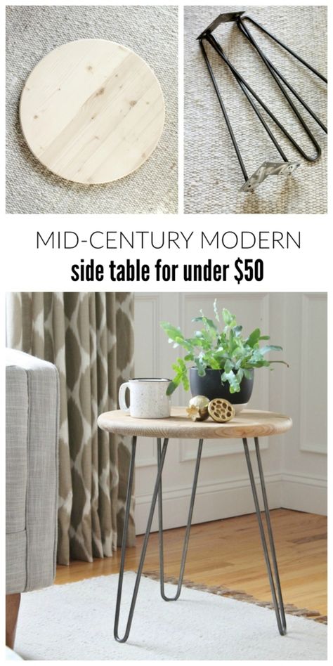 Make this mid-century modern side table for under $50. Super easy DIY table. Looks great with any style from farmhouse to industrial. Mid Century Modern Side Table, Mid Century Side Table, Diy Side Table, Mid Century Modern Table, Mid Century Living Room, Mid Century Modern Decor, Modern Side Table, Diy Furniture Table, Modern Diy