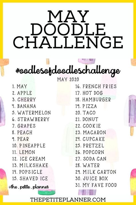 Spring is definitely here and finally, May is here. I debated the theme for this month’s doodle challenge and I almost went with flowers, but then I got a little craving. So the theme for the May Doodle Challenge is all things food! Come draw with us with a free printable! #freeprintable #doodleaday #doodlechallenge May Drawing Challenge 2024, Sketchbook Challenge Ideas, List Of Things To Draw, Sticker Prompts, Lettering Prompts, Letter Prompts, Doodle Prompts, Weather Doodles, Painting Prompts