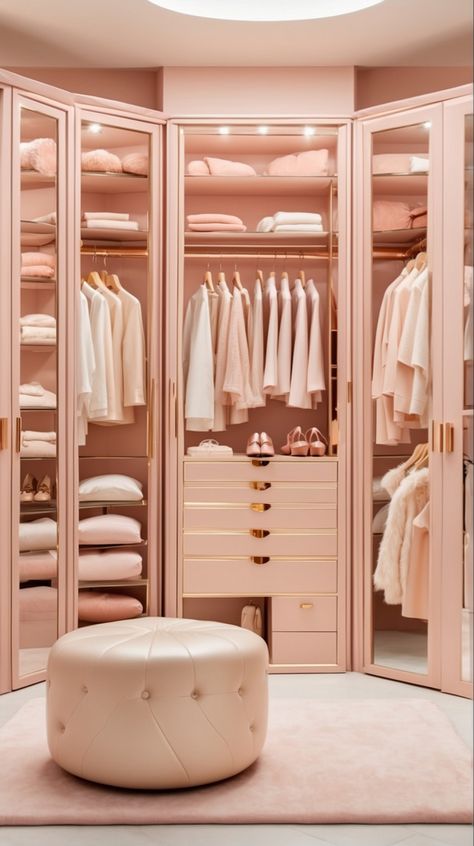 Light pink and rose gold closet Light Pink Walk In Closet, Wardrobe Design For Women, Pink Walk In Wardrobe, Rose Gold Wardrobe, Pink Wardrobe Bedroom, Pink Closet Ideas, Light Pink Furniture, Luxury Closet Designs Women, Pink Walk In Closet