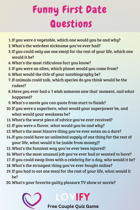 Turn your first date into a comedy show with these hilarious questions! Discover each other's silly sides and create a night filled with giggles and good vibes. Whether you're at a café or strolling in the park, these funny first date questions are sure to make your date one to remember. Swipe for endless fun! 😄🌟 #FunnyFirstDateQuestions #DatingHumor #LaughTogether #DateNight #FirstDateMagic






https://tr.ee/A7KU4qgeGt What Ifs Questions, First Date Topics, Date Night Questions, Date Questions, Couples Quizzes, First Date Questions, Best Self Help Books, Dating Questions, Belly Laughs