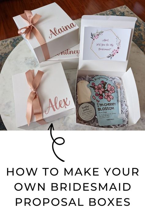 Open and closed bridesmaid proposal boxes with rose gold names and matching ribbon Homemade Bridesmaid Proposal, Will You Be My Bridesmaid Diy, Simple Bridesmaid Proposal Diy, Cheap Bridesmaid Proposal, Bridesmaid Boxes Diy, Diy Jewelry Gift Box, Bridesmaid Proposal Box Ideas, Diy Bridesmaid Proposal, Groom Box