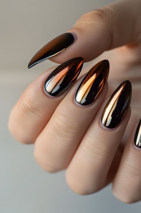 Black and orange metallic foil nails #nails #nailart #mani #manicure Nail Inspo Latina, Nails Ombre Chrome, Chrome Nails Ombre, Nail Ideas Fun, Spring Chrome Nails, Baddie Nails Instagram, Summer Nails Chrome, Nail Inspo Minimalist, Nail Inspo Chrome