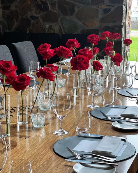 We love adding a bit of drama in the tables with flowers 🌹🌹 fabulous red roses and tea lights all set up for T&M’s gorgeous engagement party at @yeringstation ✨ Red Roses Bud Vases, Tini Bit Older Table Decor, Red Roses Table Setting, Red And White Engagement Party, Red Roses Birthday Party Ideas, Rose Decorations Party, Red Roses Table Decor, Red Flowers Centerpieces, Red Rose Table Decor