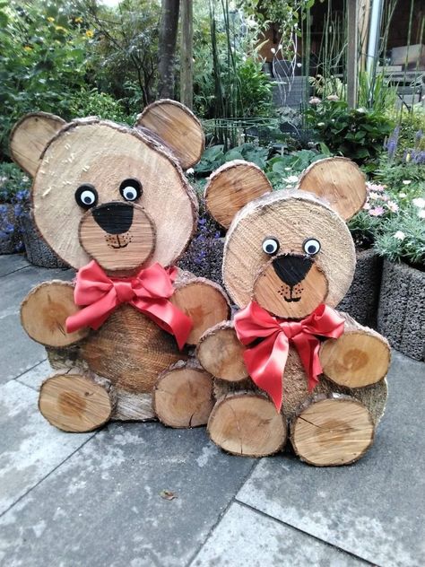 Wood Slice Animals, Wooden Teddy Bear, Wood Slice Bear, Log Slice Crafts, Wooden Bears, Log Crafts, Senior Crafts, Log Ideas, Tre Kunst