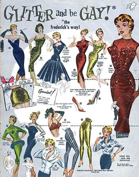 Vintage Frederick's of Hollywood ad. I especially love the neckline on the blue dress in the center. I want a dress/top like that! Frederick’s Of Hollywood, Patron Vintage, Fredericks Of Hollywood, Old Ads, Old Fashion, Moda Vintage, Look Vintage, Vintage Lingerie, 1950s Fashion