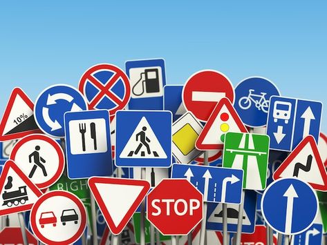 Photo traffic road signs on the sky back... | Premium Photo #Freepik #photo #traffic-signs #road-sign #road-arrow #road-safety Road Signs Aesthetic, Vertical Signage, Traffic Sign Boards, All Traffic Signs, Traffic Video, Traffic Symbols, Driving Signs, Bus Poster, Road Traffic Signs