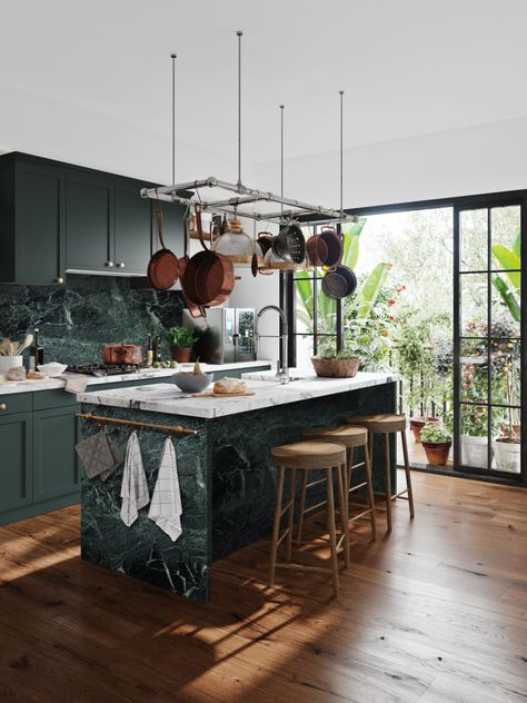 Small Kitchen Decoration, Model Dapur, Tropical Kitchen, Kitchen Decor Inspiration, Small Kitchen Decor, Kitchen Worktop, Kitchen Room Design, Green Kitchen, Kitchen Colors