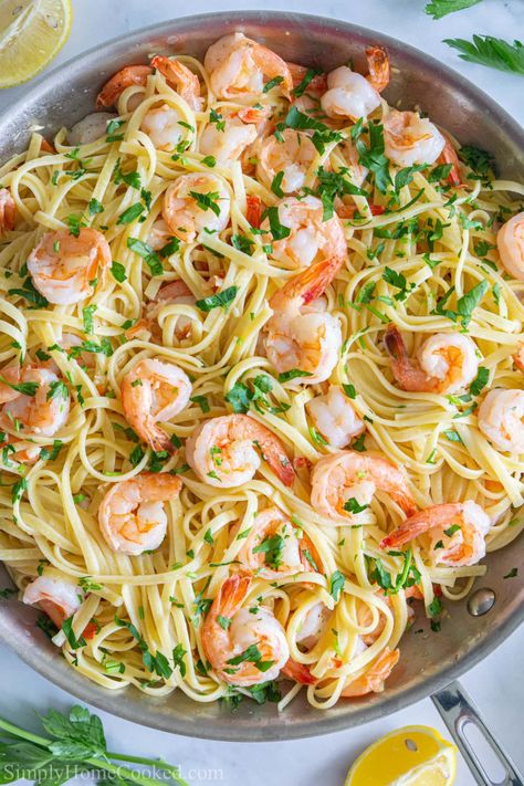 Easy Shrimp Linguine - Simply Home Cooked Linguine Recipes Easy, Shrimp Linguine Recipe, Shrimp Dinners, Shrimp Meals, Seafood Linguine, Shrimp Food, Lemon Garlic Shrimp Pasta, Shrimp Linguine, Cornish Hen