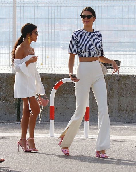 Taking a break: Kendall has been enjoying some downtime with her older sibling after posing up a storm at various events in Cannes over the first week of the festival Couture, Haute Couture, Demure Outfit, Blue Top Outfit, Kourtney Kardashian Style, Nautical Outfits, Solace London, Kendall Style, White Trousers