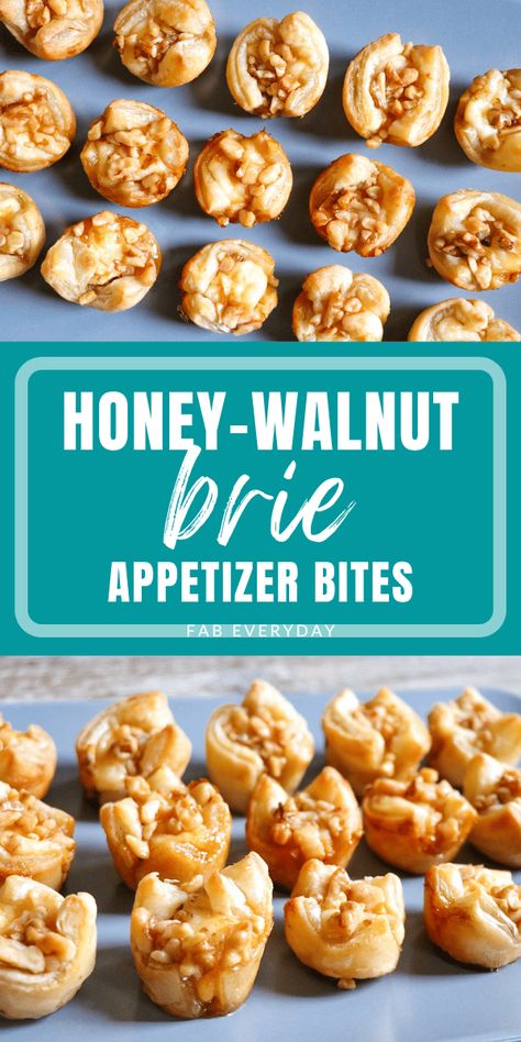 Maple Walnut And Bacon Brie Bites, Mini Brie Honey Bites, Honey Pecan Brie Bites, Apple And Brie Puff Pastry Bites, Tartlet Appetizer Recipes, Brie Walnuts Honey, Brie Honey Walnut, Walnut Appetizer Recipes, Honey Walnut Brie