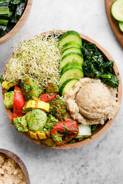 Vegan Superfood Recipes, Vegan Protein Bowls, Healthy Power Bowl Recipes, Pesto Buddha Bowl, Womb Cleanse, Superfood Meals, Wellness Bowl, Nourishing Bowls, Pesto Bowl