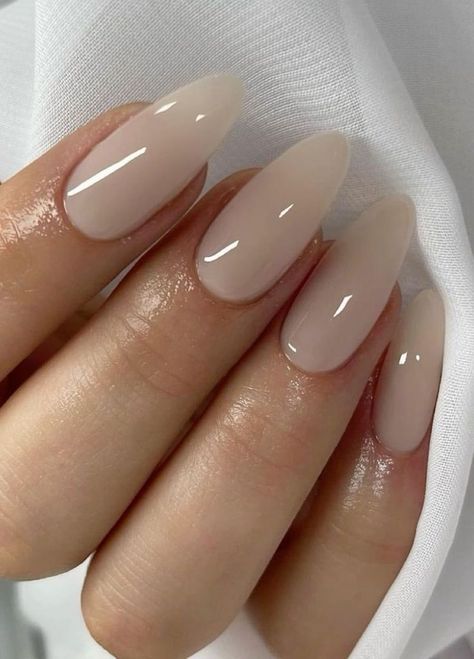 Gel X Medium Almond, Elegant Beige Nails, Milky White Nails With Jewels, Beige Neutral Nails, Neutral Nails Tan, Chrome Nails Nude Base, Almond Acrylic Nails Designs Classy, Shiny Nude Nails, Cream Nude Nails