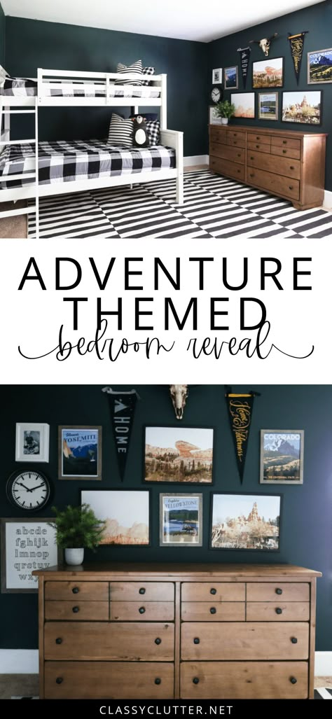 Everything you need to know to create this Boys Bedroom! #affiliate | boys bedroom ideas, boys bedroom ideas tween, adventure room decor, adventure room ideas, boys bedroom themes, boys bedroom bunk beds, boy bedroom ideas on a budget, adventure room theme, adventure room diy, boys bedroom navy Boys Bedroom Beds & Frames, Boy Bedroom Bunk Beds, Boys Room With Bunk Beds Ideas, Bunk Bed Boys Room Ideas, Boy Bedroom Dresser, Boys Bedroom Ideas Bunk Beds, Boys Bedroom With Bunk Beds, Bunk Beds Boys Room, Boy Bunk Beds Room Ideas