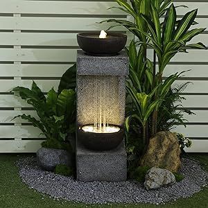 Bumilgar 33.9" H Water Fountain Outdoor Garden Waterfall Decor for Garden, Patio, Backyard, Deck, Porch and Home Art Decor, Modern Tiered Outdoor Fountain with Lights and Stone Planter Small Indoor Water Fountains, Waterfall Decor, Backyard Water Fountains, Outdoor Waterfall Fountain, Fountain Outdoor, Water Fountain Design, Outdoor Waterfalls, Stone Planter, Modern Fountain