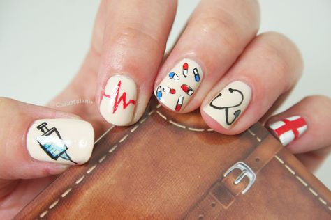 nurse themed nail art White Metallic Nails, Nurse Nail Designs, Unpainted Nails, Nurse Nails, Metal Nails, Girls Nail Designs, Mickey Nails, Makeup Clean, Medical Profession