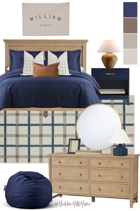 Teen boys room decor mood board with brown and navy blue tones! Navy Blue And Brown Bedding, Mirror For Boys Bedroom, Navy And White Boys Bedroom, Boys Navy Blue Bedroom, Navy And Leather Bedroom, Blue Teen Bedroom Boy, Brown And Navy Bedroom, Navy Teen Boy Bedroom, Boys Room Queen Bed