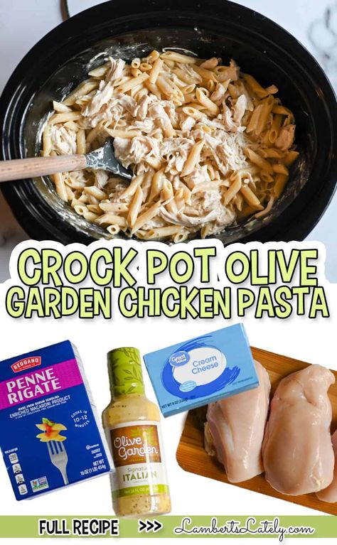 Crockpot Olive Garden Chicken Pasta is the easiest slow cooker recipe! This dump-and-go dinner makes the most flavorful, tender chicken in a rich, creamy pasta. Crockpot Olive Garden Chicken, Slow Cooker Olive Garden Chicken, Crock Pot Pasta, Olive Garden Chicken Pasta, Olive Garden Italian Dressing, Garden Italian, Olive Garden Pasta, Chicken Penne Pasta, Olive Garden Chicken