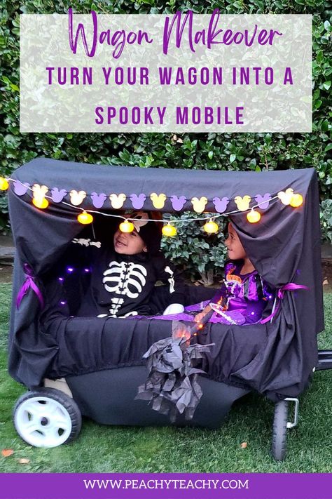 Diy Wagon Costume, Decorating Wagon For Halloween, Decorate Wagon For Halloween, Halloween Wagon Decorations, Wagon Decorations For Halloween, Stroller Decoration Ideas, Wagon Halloween Ideas, Halloween Wagon Ideas, Wagon Makeover