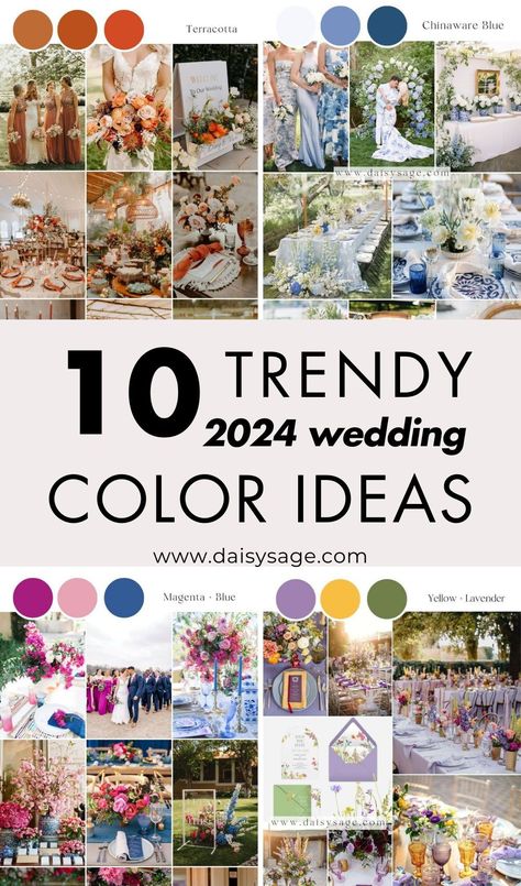 Embrace the future of wedding aesthetics with the trendiest colors for 2024. Get inspired and create a memorable event. Wedding Theme 2024 Trends, 2024 Wedding Colours, Color For Wedding Ideas, Wedding Palette 2024, Wedding Theme Colors 2024, Wedding Colors For 2024, Wedding Trends 2024 Colors, Wedding Theme Ideas 2024, July Wedding Colors 2024