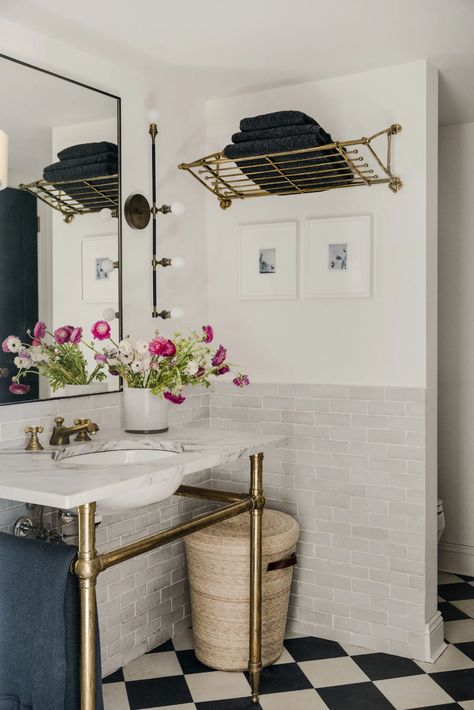 Sink Trends, Bathroom Vanity Trends, Exposed Plumbing, Vintage Wire Baskets, Westchester New York, Farrow & Ball, Bathroom Sink Design, Reclaimed Wood Beams, Console Sink