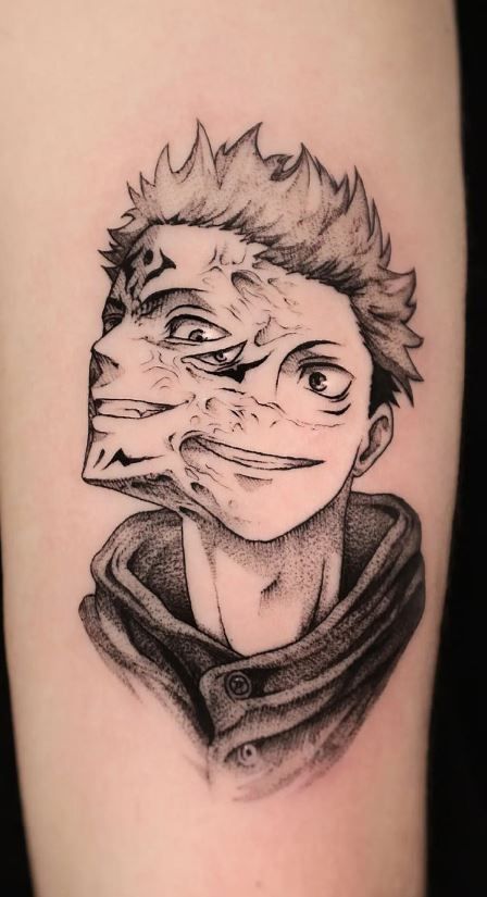 Tattoos On Anime Characters, Anime Based Tattoo, Divine Dogs Tattoo Jjk, Anime Eye Tattoo Ideas, Japanese Anime Tattoo Design, Anime Tattoo Inspiration, Anime Tattoos Aesthetic, Amine Tattoos Ideas, Tattoo Ideas Anime Inspiration