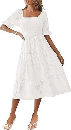 MEROKEETY Womens 2024 Summer Short Puff Sleeve Smocked Square Neck Floral Textured Tiered Midi Dress Whitw Dress, Amazon Summer Dresses, White Smocked Dress, Cream Midi Dress, Best Summer Dresses, Short Puff Sleeve, Tiered Midi Dress, Soft Floral, Midi Dress Party