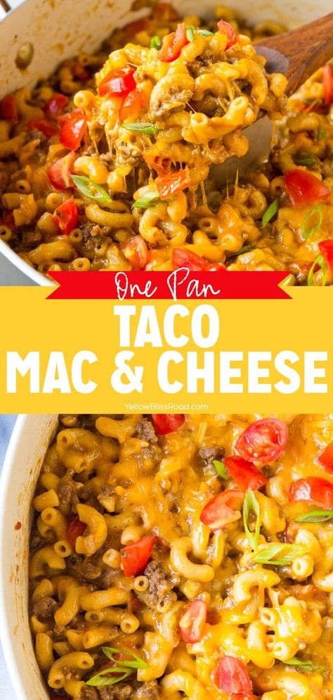 One Pot Taco Mac and Cheese is the perfect blend of seasoned ground beef, pasta, and cheese. It's fast, easy and ready in 30 minutes! Macaroni And Meat Ground Beef, One Pot Taco Mac And Cheese, Taco Macaroni Casserole Ground Beef, Taco Mac Casserole, Mac And Cheese Tacos, Easy Taco Mac, Taco Mac And Cheese Recipe, Taco Macaroni Casserole, Recipes With Leftover Mac And Cheese