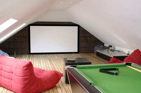 Loft conversion? Games Room Ideas, Attic Game Room, Attic Bathroom Ideas, Garage Game Rooms, Gray Headboard, Attic Renovation Ideas, Attic Playroom, Attic House, Theater Design