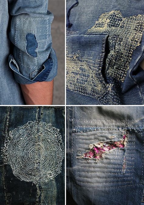 Beautiful examples of Sashiko (Japanese quilting)-inspired mending and Boro, the traditional Japanese practice of mending indigo-dyed cloth again and again. Japanese Embroidery, Återvinna Jeans, Boro Stitching, Denim Repair, Mending Clothes, Make Do And Mend, Sashiko Embroidery, Visible Mending, Couture Mode