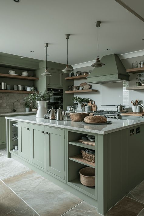 Green Kitchen Ideas, Light Green Kitchen, Moody Farmhouse, Olive Green Kitchen, Dark Blue Kitchens, Sage Kitchen, Green Kitchen Designs, Green Kitchen Decor, Sage Green Kitchen