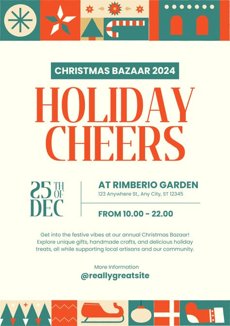 Get ready for a fun and festive Christmas bazaar! Use our Ivory Tosca and Orange Geometric Playful Christmas Bazaar Event Poster to invite everyone with clear, easy-to-read language. Make your event stand out with a design that's both playful and simple! Christmas Bazaar Poster, Flyer Design Christmas, Christmas Event Flyer, Christmas Event Design, Christmas Poster Design Graphics, Christmas Sale Poster Design, Xmas Poster Design, Holiday Design Graphic, Christmas Event Poster