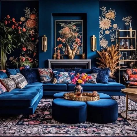 Dark Blue Maximalist Living Room, Dark Navy Couch Living Room, Gem Tone Living Room, Navy Living Room Ideas, Hawaiian Interior Design, Teal Lounge, Blue Living Room Ideas, Blue Living Room Color, Window Seat Ideas