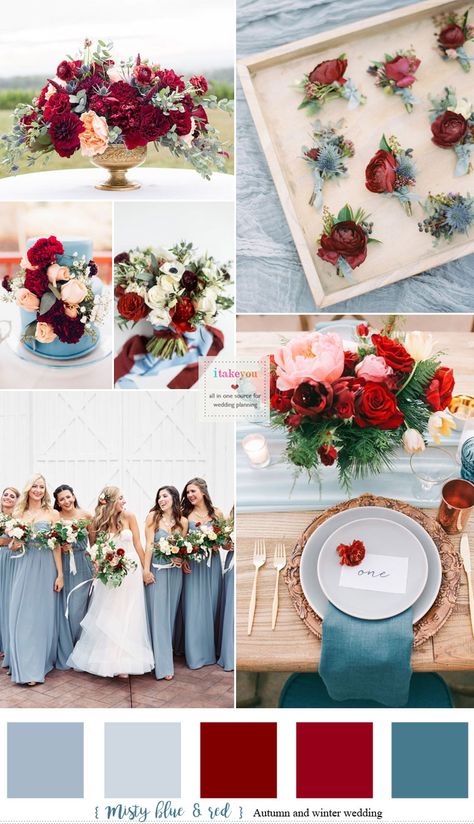 Misty blue and Red Hues { Auburn + Burgundy + Carmine } Autumn & Winter Wedding #color #autumn #mistyblue #auburn Wedding Season Colors, Red And Blue Wedding, Wedding Burgundy, Wedding Color Palettes, Wedding Color Combos, Wedding Color Trends, Maroon Wedding, Dusty Blue Bridesmaid Dresses, Winter Wedding Colors