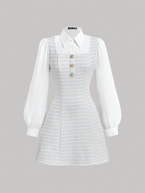 Elegant Long Sleeve Patchwork Dress With Collar, Contrast Color Check Print White Elegant  Long Sleeve Knitted Fabric Colorblock,Plaid A Line Medium Stretch  Women Clothing, size features are:Bust: ,Length: ,Sleeve Length: Teacher Dresses, White Long Sleeve Dress, 21st Dresses, Fashionista Clothes, Dress Dusty, Mini Dress Casual, Patchwork Dress, Vestido Casual, Going Out Outfits