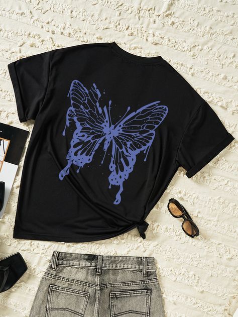 Butterfly Shirt Ideas, Butterfly Tee Shirt, Diy Tshirt Painting Ideas Graphic Tees, Graphic Butterfly Design, Black T Shirt Painting Ideas, Butterfly Shirt Outfit, Tshirt Print Ideas Graphic Tees Shirt Designs, Butterfly Tshirt Design, Tee Shirt Painting