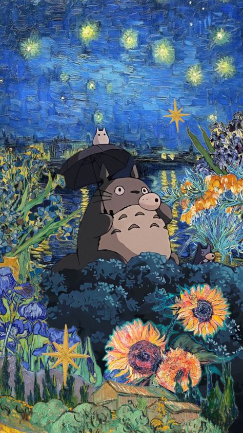 #vangogh #totoro #ghibli #studioghibli #myneighbourtotoro #vincentvangogh #collage #wallpaper #blue #starrynight Collage Wallpaper Blue, Totoro Ghibli, Totoro Art, Miyazaki Art, My Neighbour Totoro, Japanese Wallpaper Iphone, Studio Ghibli Background, Icon Cute, Ghibli Artwork