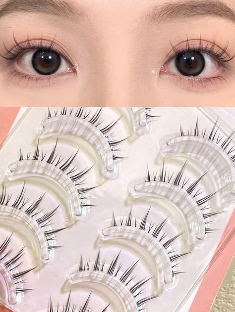 5 Pairs Soft Full-Strip Reusable Criss-Cross Fishbone 8-10mm Ultra-Fine Black Stem Natural Realistic Cartoon-Style Long Dense Whole-Strip European & American Style False Eyelashes, Slouchy Daily Wear Makeup Essential Black    Polyester  Full Strip Lashes   Beauty Tools, size features are:Bust: ,Length: ,Sleeve Length: Korean Cosplay, Manga Eyelashes, Natural Dramatic, Wispy Eyelashes, Makeup Korean, Realistic Cartoons, Kawaii Makeup, Japanese Makeup, Lashes Beauty