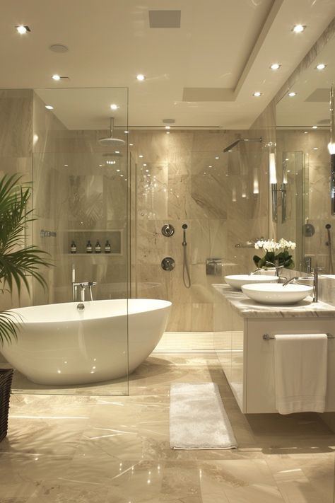 Step into luxury with this modern bathroom featuring polished beige marble tiles, recessed lighting, and a sleek freestanding bathtub. The vanity area boasts white vessel sinks, a marble countertop, and a large mirror for a spacious feel. The glass-enclosed shower area offers a rainfall showerhead, built-in shelves, and a stylish potted plant for a touch of greenery. Experience elegance and functionality in one space! Bathroom Decor With Bathtub, Bathtub In The Shower Area, Room Ideas Aesthetic Elegant, Modern Bedroom Marble, Aesthetic House Interiors Bathroom, Beige Modern House, Elegant Bathroom Design Luxury Bath, Luxury Homes Dream Houses Modern, Room Ideas Modern Luxury