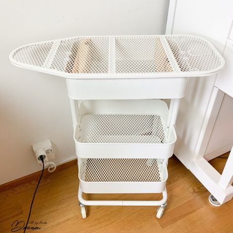 Crafting Organization, Diy Ironing Board, Ikea Raskog Cart, Sewing Cabinets, Sewing Tables, Ikea Raskog, Quilt Room, Sewing Desk, Sewing Room Inspiration