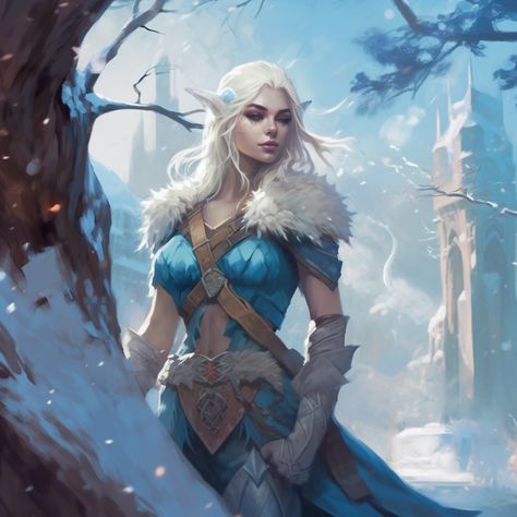 Dnd Eladrin Winter, Female Winter Eladrin, Winter Court Fae, Winter Elf Dnd, Winter Eladrin Dnd, Snow Elf Art, Winter Eladrin Female Dnd, Spring Eladrin Female, Eladrin Dnd