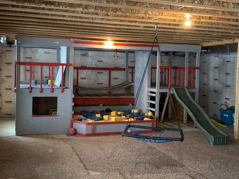 We love our basement playground! It's been such a life savor during the winter months when our kids energy level is through the roof! Playroom Building Ideas, Indoor House Playground, Unfinished Basement Play Area, Basement Indoor Playground, Basement Play Structure, Basement Playground Indoor, Basement Kids Play Area, Basement Kids Gym, Playground Basement