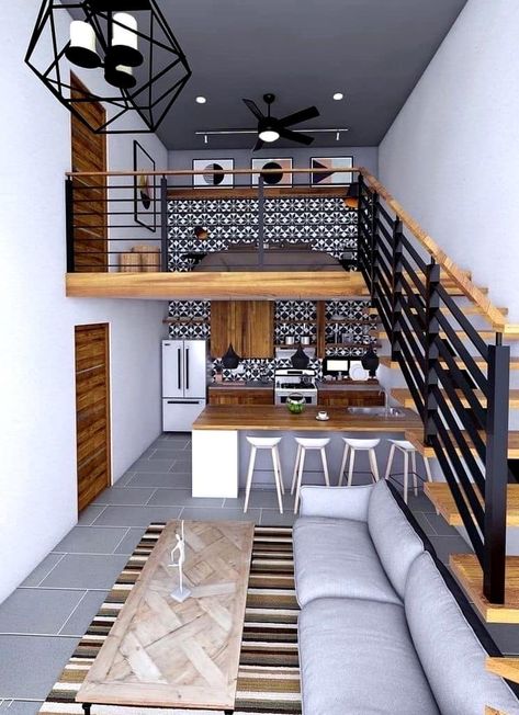 Mezanine Idea Small House, Loaf House Design, Mezanine Interior Design, Mezanine Interior, Mezzanine House Design, Small Loft Apartments, Tiny Apartment Decorating, Loft House Design, Mini Loft