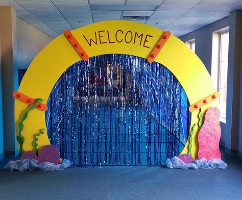 2016 VBS - Submerged at First Baptist Church, Lewisville. Tunnel Entrance constructed with 1" foam-board. Each day additional sea creatures will be added to the exterior. Sea Vbs Decorations, Scuba Vbs Entrance, Jonah Decorations Vbs, Under The Sea Hoco Float, Ocean Themed Hallway, Under Water Vbs Decorating Ideas, Sea Of Miracles Vbs, Pier Decorating Ideas, Under The Sea Cutouts