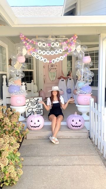 Girly Halloween Party Ideas, Cute Skeleton Decor, Pink Halloween Photo Backdrop, Treat Or Trunk Ideas, Pink Halloween Trunk Or Treat, Pink Ghost Trunk Or Treat, In My Spooky Era Party, Pastel Halloween Decorations Outdoor, Pink Outdoor Halloween Decor