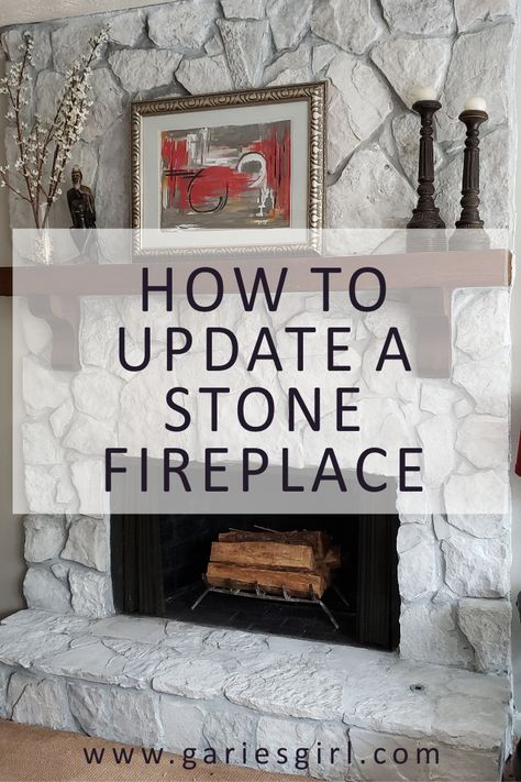 Mantles On Stone Fireplaces, Fireplace Stones Ideas, Updating Rock Fireplace Wall, How To Cover Stone Fireplace, Covering Up Stone Fireplace, Rock Fireplace With Mantle, Covering A Stone Fireplace, Fireplace Makeover Whitewash, Stone Fireplace Styling