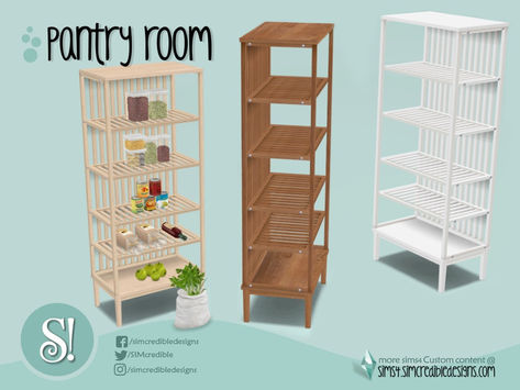 SIMcredible!'s Naturalis Pantry Shelves Sims 4 Kitchen Pantry, Ts4 Pantry Cc, Sims 4 Cc Build Mode Items Kitchen, Sims 4 Pantry Shelf Cc, Sims4 Cc Shelves, Sims 4 Cc Storage Shelves, Sims 4 Cc Furniture Pantry, Sims 4 Cc Surfaces, Sims 4 Pantry Shelf